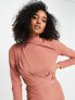 Фото #3 товара ASOS DESIGN high neck shoulder pad twist front midi dress in terracotta