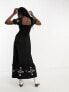 Фото #3 товара Miss Selfridge shirred bodice maxi dress with embroidered puff sleeve detail in black