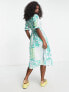 ASOS DESIGN tie front midi tea dress with godets in green mixed floral print
