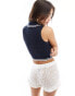 Miss Selfridge crochet polo sleeveless top in navy with white