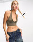 Фото #1 товара Noisy May v neck cropped halter neck top in khaki