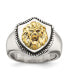 Stainless Steel 14k Gold Accent Antiqued Lion on Shield Ring