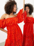 ASOS EDITION blouson off shoulder tiered broderie midi dress in tomato red