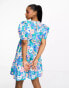 JDY exclusive puff sleeve mini smock dress in print blue & pink floral