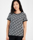 Petite Faux-Leather-Trim Printed Top