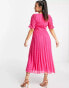 ASOS DESIGN Petite ruched front pleated midi dress with shirred waist in chevron dobby in hot pink