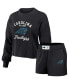 Фото #1 товара Women's Black Distressed Carolina Panthers Waffle Knit Long Sleeve T-shirt and Shorts Lounge Set