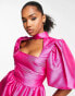 ASOS DESIGN puff sleeve taffeta playsuit with cut out in hot pink