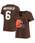 ფოტო #4 პროდუქტის Women's Baker Mayfield Brown Cleveland Browns Plus Size Name and Number V-Neck T-shirt