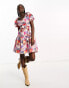 Фото #2 товара Neon Rose patch print ruffle mini dress in pink multi