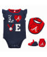 ფოტო #1 პროდუქტის Newborn and Infant Boys and Girls Navy, Red Atlanta Braves Three-Piece Love of Baseball Bib Bodysuit and Booties Set