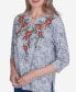 Harvest Moon Women's Textured Floral Embroidered Split Neck Top