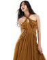 ASOS DESIGN halter ruched maxi dress with lace insert and cut out in brown