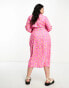 In The Style Plus wrap tie side midi shirt dress in pink print