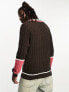 Фото #3 товара IIQUAL unisex cable knit varsity jumper in brown & coral