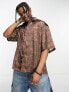 COLLUSION festival short sleeve satin shirt in brown and black print