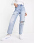 Stradivarius straight cropped jean with rips in medium blue