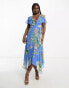 Фото #2 товара ASOS DESIGN v front v back ruffle midi dress with flutter sleeve and tie belt in blue floral print