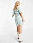 Only mini dress with square neck and puff sleeve in green gingham