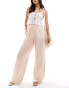 ASOS DESIGN tie waist wide leg trouser with linen in brown & cream stripe