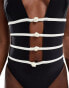 Kaiia plunge cut out rose detail swimsuit in monochrome