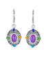 Western Style Multicolor Purple Natural Turquoise Oval Framed Dangle Lever Back Earrings For Women Oxidized Sterling Silver