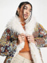 Miss Selfridge mongolian faux fur longline patchwork print puffer coat