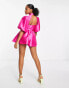 ASOS DESIGN puff sleeve taffeta playsuit with cut out in hot pink