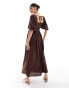 River Island puff sleeve linen dress in brown Коричневый, 36 - фото #2