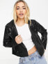 JDY faux leather biker jacket in black