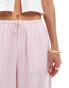 Фото #2 товара Bershka tie waist wide leg linen trousers in pink & white stripe