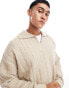 ASOS DESIGN – Gerippter Oversize-Strickpullover in meliertem Steinbeige mit eingekerbtem Ausschnitt