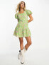 Miss Selfridge cotton flax belted frill hem mini dress in green floral