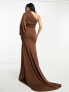 ASOS DESIGN one shoulder premium draped maxi dress with train detail in chocolate brown