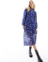 Wednesday's Girl tie neck tiered midi polka dot dress in blue