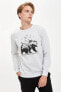 Фото #3 товара Erkek Gri Slim Fit Bisiklet Yaka Hayvan Desenli Uzun Kollu Sweatshirt R8556AZ20AU