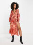 Фото #1 товара ASOS DESIGN satin batwing sleeve midi dress in burnt orange floral