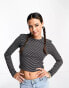 Noisy May ribbed long sleeve cropped top in black & white stripe