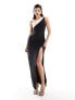 Фото #1 товара Vesper monochrome contrast satin thigh spilt maxi dress in black