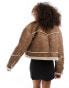 Bershka shearling trim faux suede jacket in dark tan