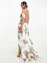 ASOS DESIGN cap sleeve strappy open back bias maxi dress in white based floral print