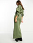 ASOS DESIGN crew neck ribbed blouson sleeve maxi dress in khaki