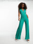 Фото #7 товара Morgan glitter plunge front pleated wide leg jumpsuit in green