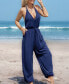 Women's Navy Plunging Sleeveless Loose Leg Jumpsuit