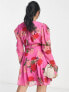 ASOS DESIGN – Langärmliges Korsagen-Minikleid in Rosa geblümt mit Bindebändern am Ausschnitt