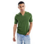 ASOS DESIGN knitted crochet notch neck polo in khaki Зеленый, S - Chest 38 - фото #1