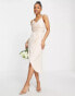 Фото #1 товара Little Mistress Bridesmaid satin wrap dress in sand