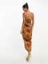 Фото #3 товара ASOS DESIGN satin corset bandeau midi dress with drape detail in rust floral print