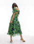 Topshop lace up back occasion midi dress in green floral print