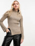 Pretty Lavish high neck knitted top in mushroom